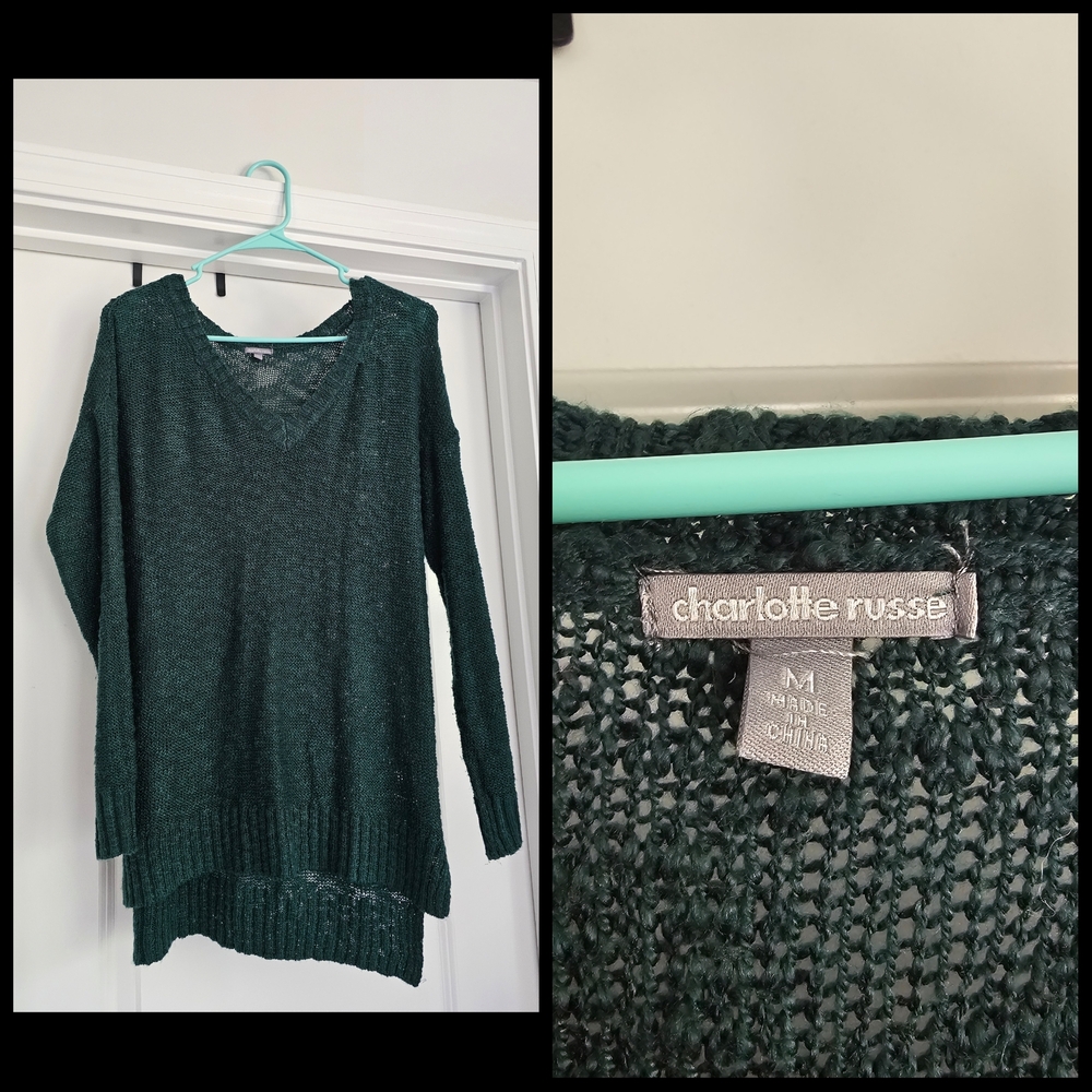 Charlotte Russe Green V-Neck Sweater with Chunky Knit